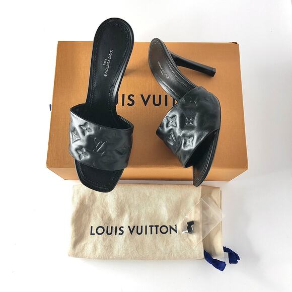 Louis Vuitton Revival Monogram Emboss Black Leather Heeled Mules Sandals 40 - Picture 1 of 11
